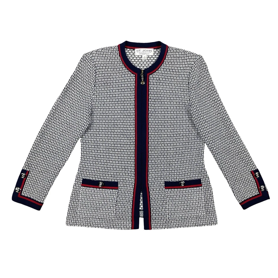 Chaqueta St. John Collection By Marie gris para mujer 4 cremallera completa tejida azul blanco rojo Foto 1 de 4