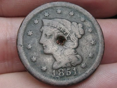 1851 Braided Hair Large Cent Penny, VG/Fine Details, Center Square Nail Hole - Image 1 of 3