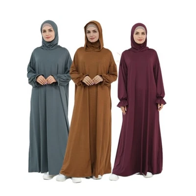 New Muslim Casual Hooded Robe Eid Elegant Women Solid Color Loose Long Dress - Bild 1 von 4