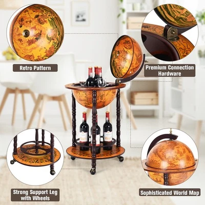 360MM Wood Globe Wine Italian Bottle Stand Wine Cabinet Bottles Storage Rack Bar - Image 1 of 4