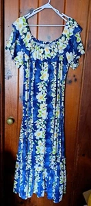 Klassisches langes Kleid Royal Hawaiian Creations MuuMuu XL gebraucht, in einwandfreiem Zustand blau Blumen Rüschen - Bild 1 von 4