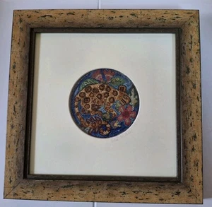 Framed Wooden Needlework Leopard Signed Dated Artist Leslie McCabe 1998 12"x12" - Picture 1 of 7