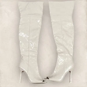 Public Desire Cream Open Toe Thigh High Boots-UK 6 - Picture 1 of 8