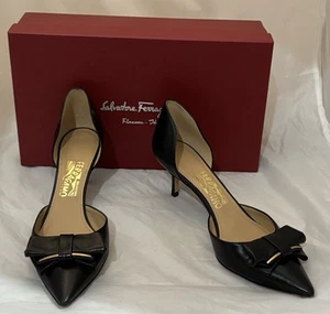 SALVATORE FERRAGAMO RIETTA schwarze Leder d'orsay Kitten Heels mit Schleife Größe 9,5 - Bild 1 von 6
