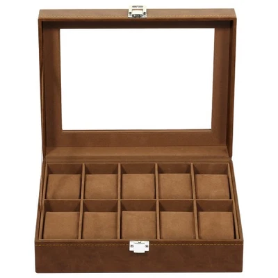 Caja de reloj de 10 ranuras vitrina de cuero PU caja organizadora de joyas con tapa de vidrio NUEVO Foto 1 de 4