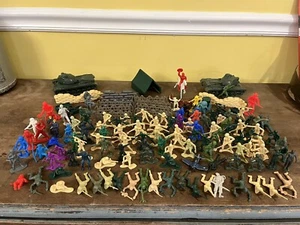 Vintage Plastic Toy Soldiers Cowboys Indians Fireman Tanks Accessories Airplane - Picture 1 of 12