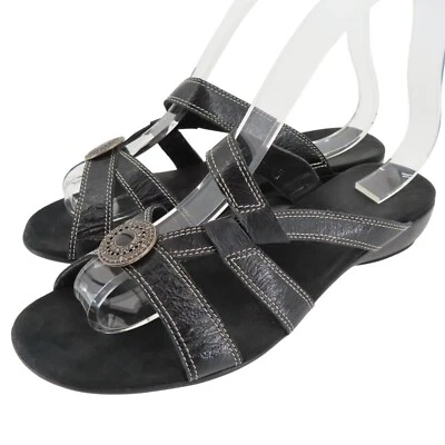 Munro American Womens 8 WW Black Leather Round Medallion Strappy Slide Sandals - Image 1 of 4