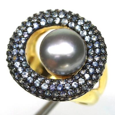 925 Sterlingsilber 10 Mm. Grau Perle & Blauer Saphir Schmuck Ringgröße - Bild 1 von 4