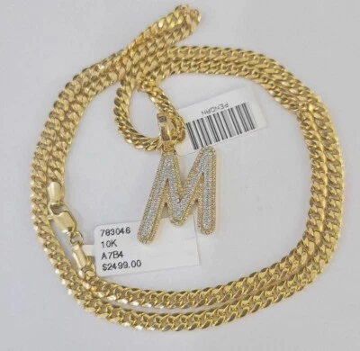 Conjunto de collar colgante de oro amarillo de 18-26" con cadena M de diamantes de cadena cubana de Miami de 10 k Foto 1 de 4