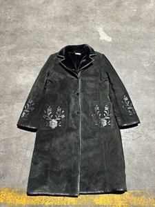 Vtg Brandon Thomas Suede Duster Coat Large Black Western Cowgirl Chic Flowers - Picture 1 of 20