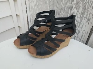 Worn Once American Eagle Women's Size 9.5 Black Faux Leather Wedge Sandals Heel - Picture 1 of 8