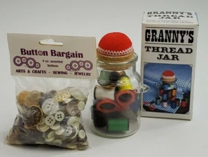 Assorted Buttons for Crafts-4 oz bag & Vintage 1982 Granny's Thread Jar - Picture 1 of 10