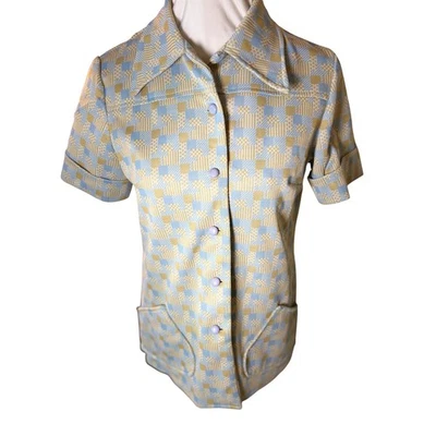 Vintage 70s Marci Sportswear Top Button Down Shirt Mod Pastel Blue Gold SZ M - Image 1 of 4