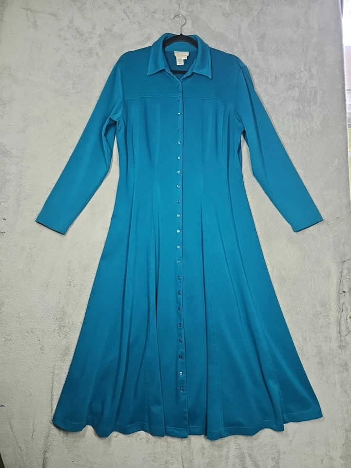 Maxi Vestido Coldwater Creek Verde Azulado Largo Slv Botón Cuello Frontal Fluido Talla 18 Foto 1 de 4