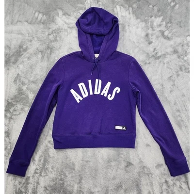 Adidas Crop Hoodie Sweatshirt Size XS Purple White Spell Out 03 Sporty Athletic - Image 1 of 4