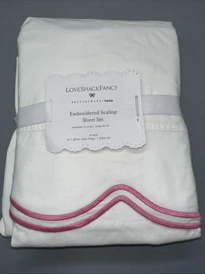 POTTERY BARN TEEN xLoveShackFancy EMBROIDERED SCALLOP SHEET SET ~ PINK- Twin XL - Image 1 of 4