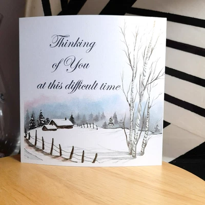 IN THE SMALL PRINT Thinking of You at this difficult time. Snow scene Pearlised card 14.4cm squ