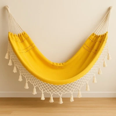 "Hamaca vintage de algodón brasileño Artex tejida a mano con flecos de macramé amarillo 135""" Foto 1 de 4