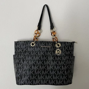 MICHAEL KORS JET SET CHAIN SHOULDER TOTE BAG HANDTASCHE MK Monogram Schwarz Grau - Bild 1 von 11