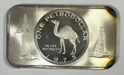 Barra de plata fina Madison Mint One Petrodollar 1975 1 Troy OZ .999 Foto 1 de 2