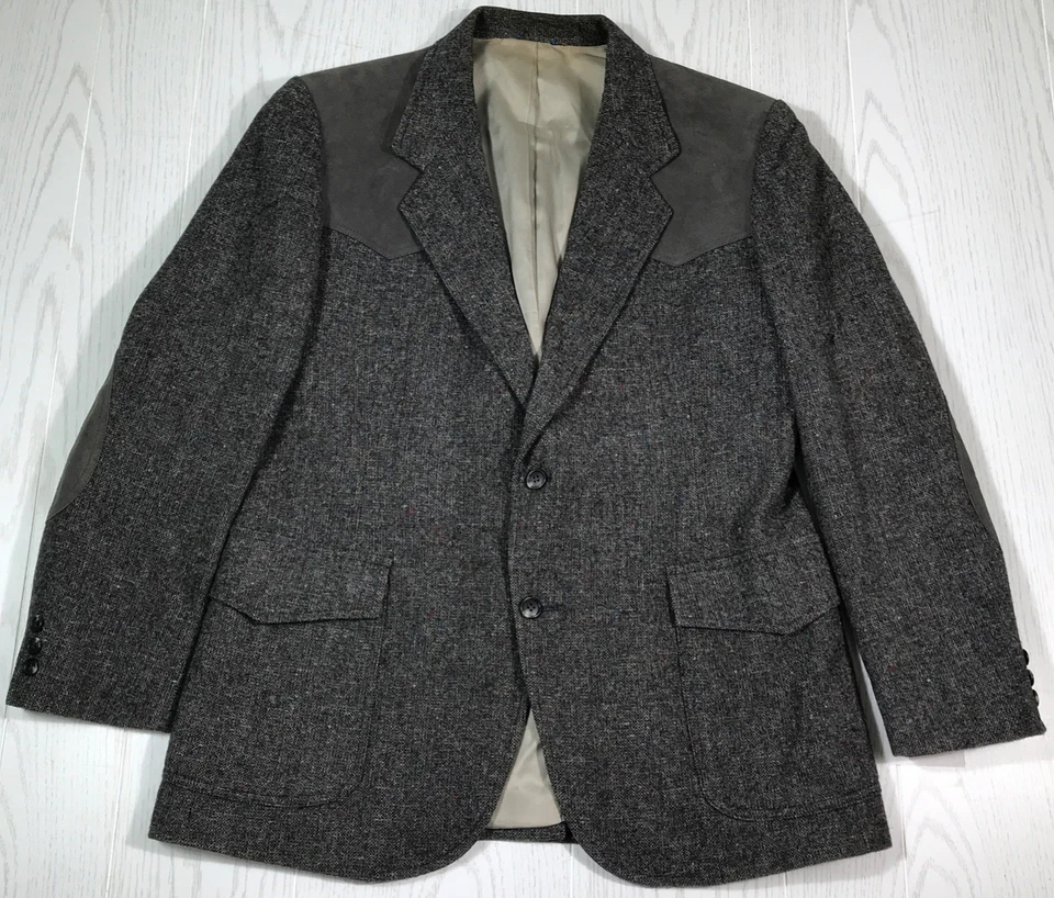 Vintage Pendleton Wool Blazer 42R Western Yoke Tweed Suede Trim Gray Sports Coat - Image 1 of 4