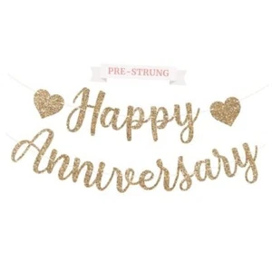Pre-Strung Happy Anniversary Banner - NO DIY - Gold Glitter Wedding - Picture 1 of 8