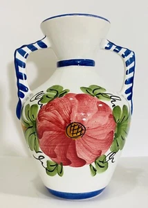 Vintage handbemalte Blumenvase Urne 2 Henkel Made in Spain weiß blau rosa - Bild 1 von 9