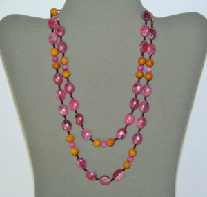 Rhodochrosite & Oak Jade Handcrafted Long Necklace Triple Knotted Silk Thread  - Picture 1 of 5