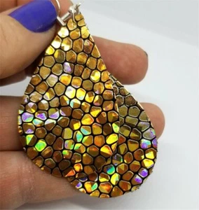 Gold Metallic Cobblestone Tear Drop Shaped FAUX Leather Earrings - Picture 1 of 5