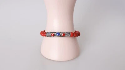 Pulsera piedras preciosas Turquesa Roja y plata tibetana Regalo Para Hombre - Image 1 of 4