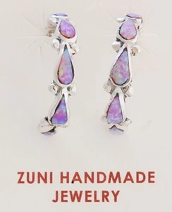 Native American Zuni Handmade Sterling Silver with Lab Opal Earrings - Picture 1 of 2