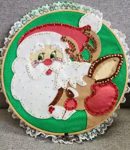 Vintage 1970s Handmade Felt Applique Sequined Santa Rudolph Wall Hang 10.5" - Picture 1 of 3