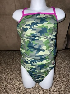 NWT Speedo Endurance Lite Girl's 1 Piece Swimsuit Size 24 Camo/Fuchsia Girl's 8 - Picture 1 of 5