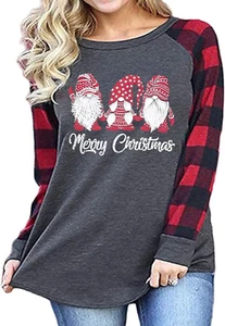 Plus Size Merry Christmas Baseball T-Shirt Women 3/4 Sleeve Holiday Splicing Tee - Picture 1 of 12