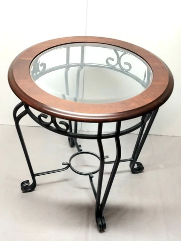 Designer Round Glass in Wood Wrought Iron Coffee Table Cover