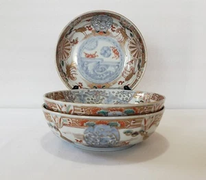 Antique Japanese Bowls 7 Inch Meiji Period Imari Soup Serving 19th Century Set 3 - Picture 1 of 17