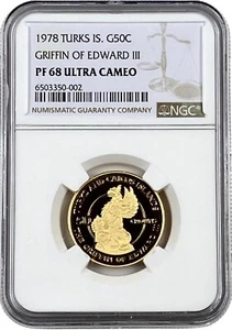 1978 Griffin of Edward Turks & Caicos Is Gold 50 Crowns Proof Coin NGC PF 68 UC - Picture 1 of 2