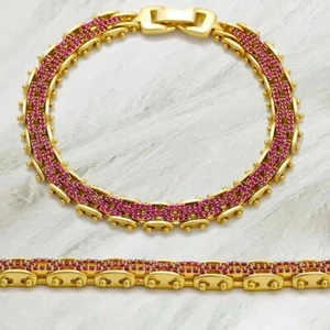 18K Gold Over Sterling Silver 7.5" Fuchsia Pink Topaz Valentine Bracelet D50 - Picture 1 of 4