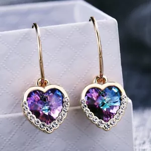 Thick 18K Gold GF Made With SWAROVSKI Crystal Double Heart Half Hoop Earrings - Picture 1 of 4