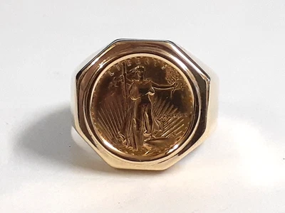 (RI4) 14k Yellow Gold Men's Ring W/ 1/10 oz Gold Eagle Coin (11.6 Grams) Size 11 - Image 1 of 4