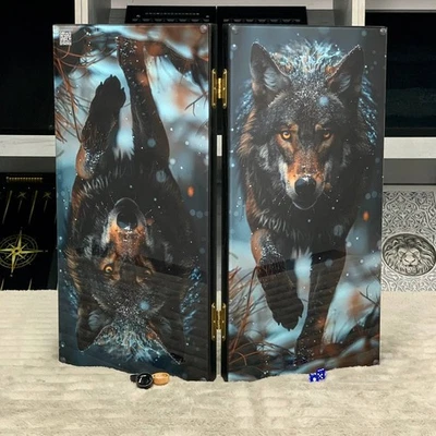 Wood&Glass Backgammon Set Wolf, Tabletop Board Game, Gift for Husband, Partner - Image 1 of 4