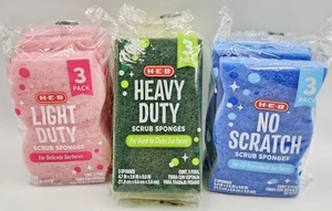 Lot Of 3 New Packs H-E-B Scrub Sponges Heavy Duty Light Duty No Scratch 3-pack - Picture 1 of 7