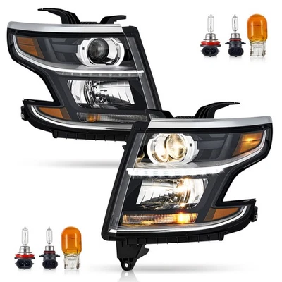 Black Headlights For 2015-2020 Chevy Tahoe Suburban Chrome Lamps LH+RH LED DRL - Image 1 of 4