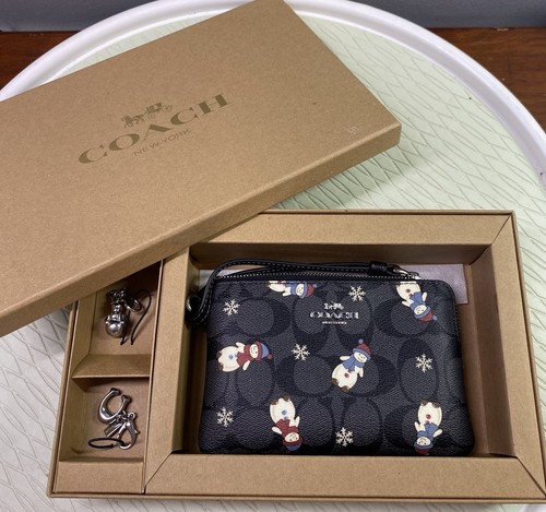 Coach Pupazzo di Neve Top Zip Braccialetto Pouch con 2 Charms Argento Confezione Regalo Set Nuovo $128