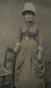 Vintage Antique Tintype Photograph Woman 1800s Dress Cross Necklace Picture - Picture 1 of 5