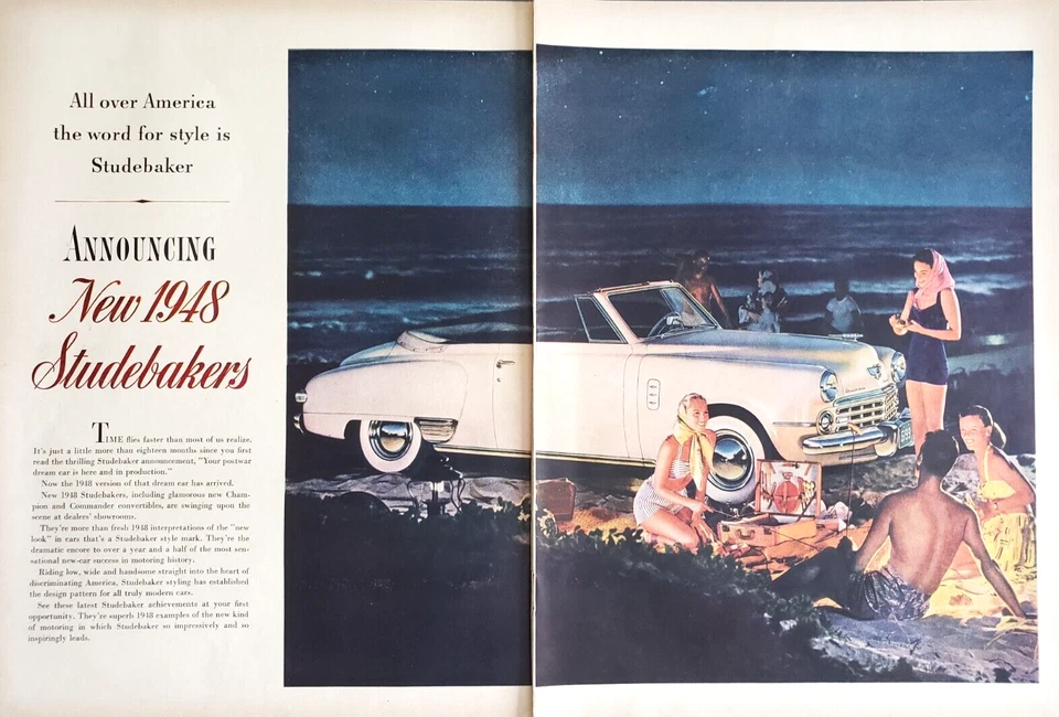 PRINT AD 1948 Studebaker Champion Commander Convertible 2pg Beach Weenie Roast - Image 1 of 1