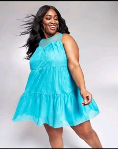 Goo Goo x Bar III Women’s 2X Sparkling Blue Mesh Overlay Fit & Flare Mini Dress - Picture 1 of 9