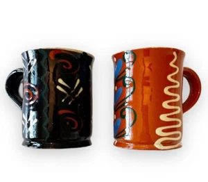 Vintage Pottery Set of 2 Hand Painted Bohemian Geometric Pattern Mugs w/Handles - Picture 1 of 10
