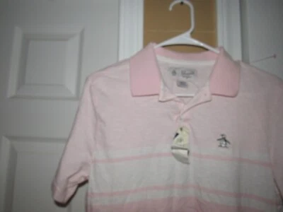 NWT New PENGUIN Men's Small Golf Polo  Shirt Pink White Stripe Cotton Logo - Image 1 of 4