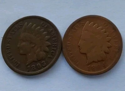 1890s Bronze Indian Cent 2 Pc Set-1893 & 1894 Good/Very Good -Free Post  - Image 1 of 4
